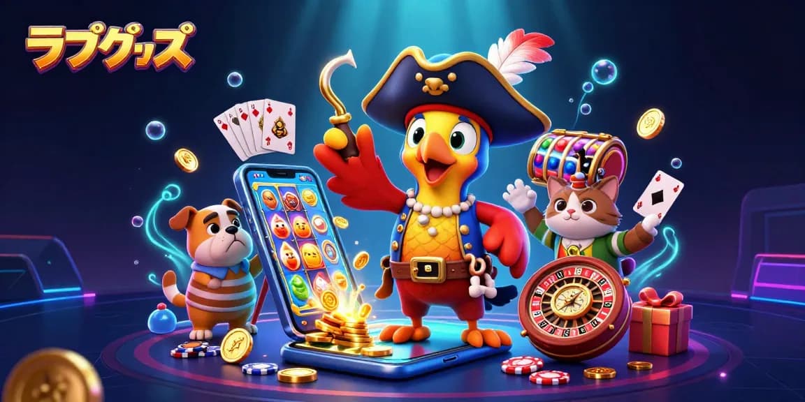 Experience the thrill of ラブグッズ in gambling with a dynamic pirate scene featuring slot games, coins, and vivid colors.