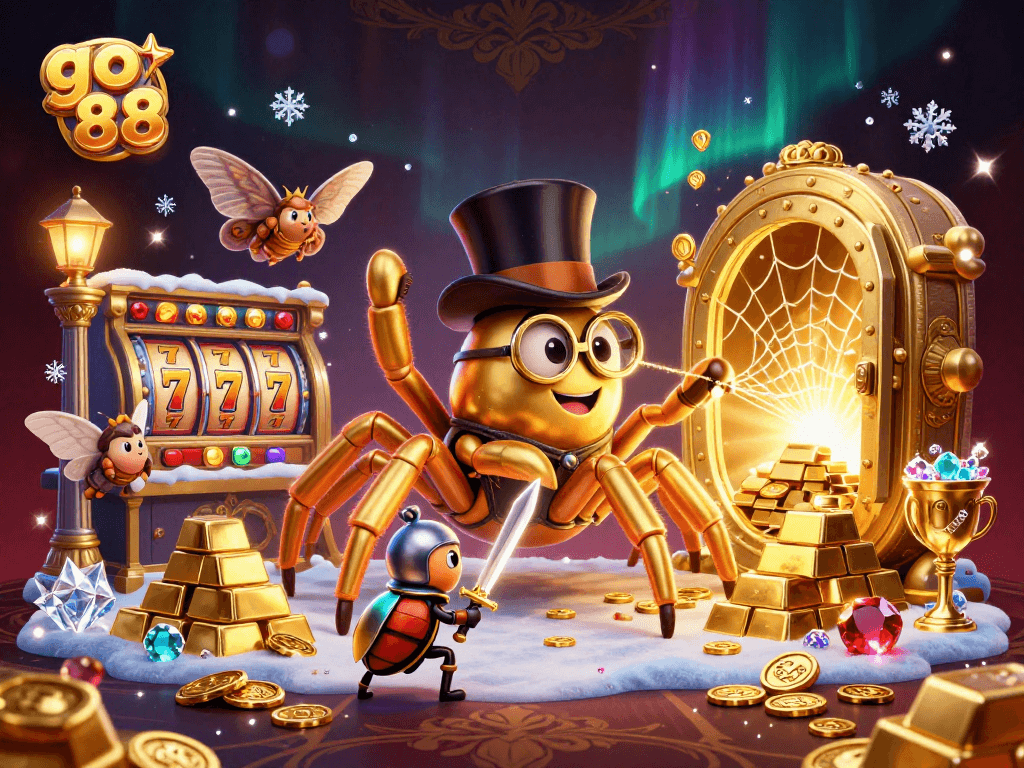 Experience go 88 excitement with a brave beetle knight and a giant tarantula in a vibrant casino scene.