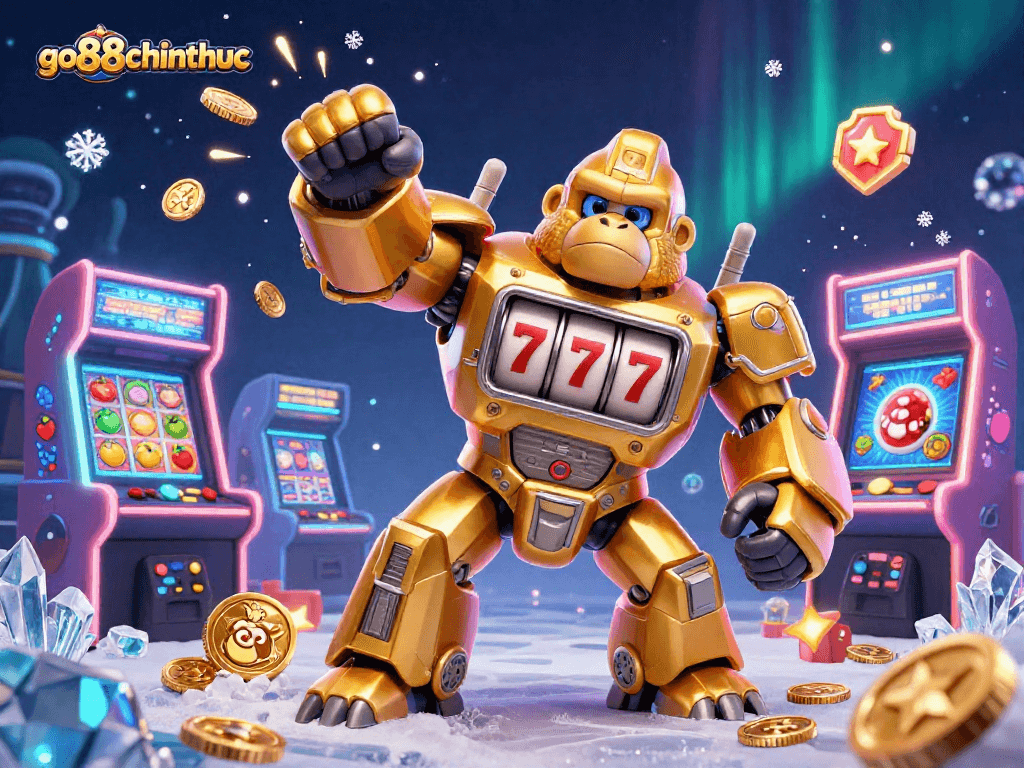 Unleash the excitement with go88chinhthuc featuring a golden gorilla mech combined with vibrant casino elements.