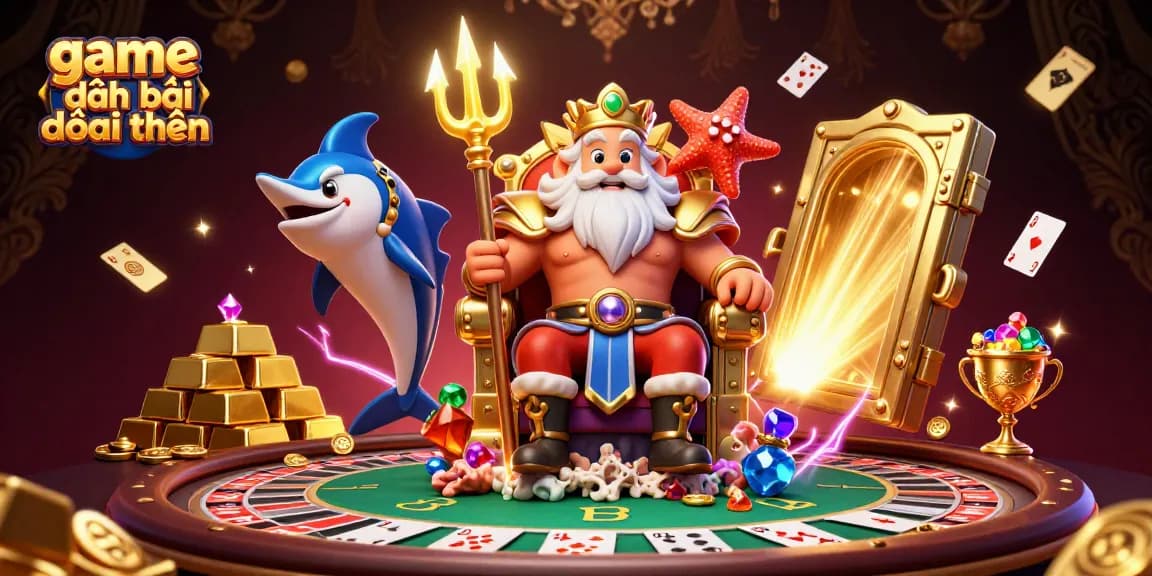 Engage in game đánh bài đổi thưởng at a vibrant casino with Neptune, poker cards, and gold treasures.