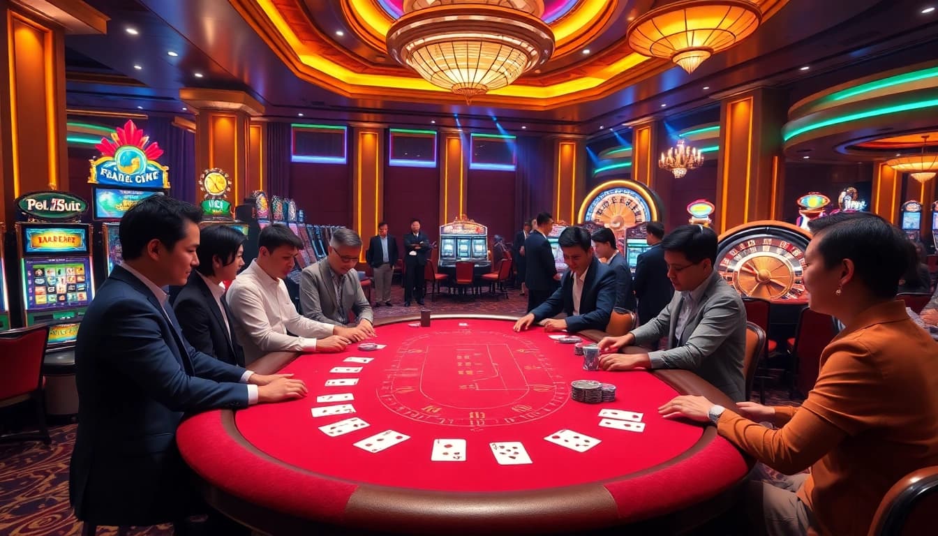 Players strategizing in a glamorous casino setting at 98win, showcasing intense blackjack action.