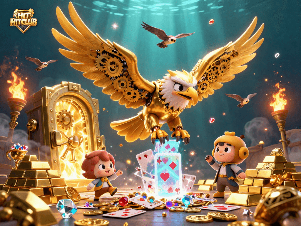 Experience the thrill of gambling with HITCLUB's vibrant 3D illustration of a golden eagle amidst treasure and playing cards.