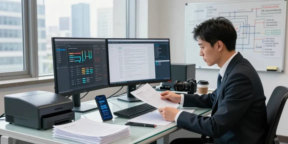 Document fraud detection analysis with a data analyst reviewing digital documents in a modern office.