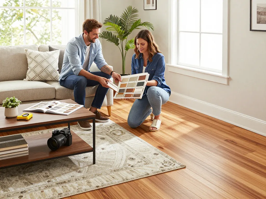 Couple exploring flooring options with flooring specialists near me in a stylish living room.