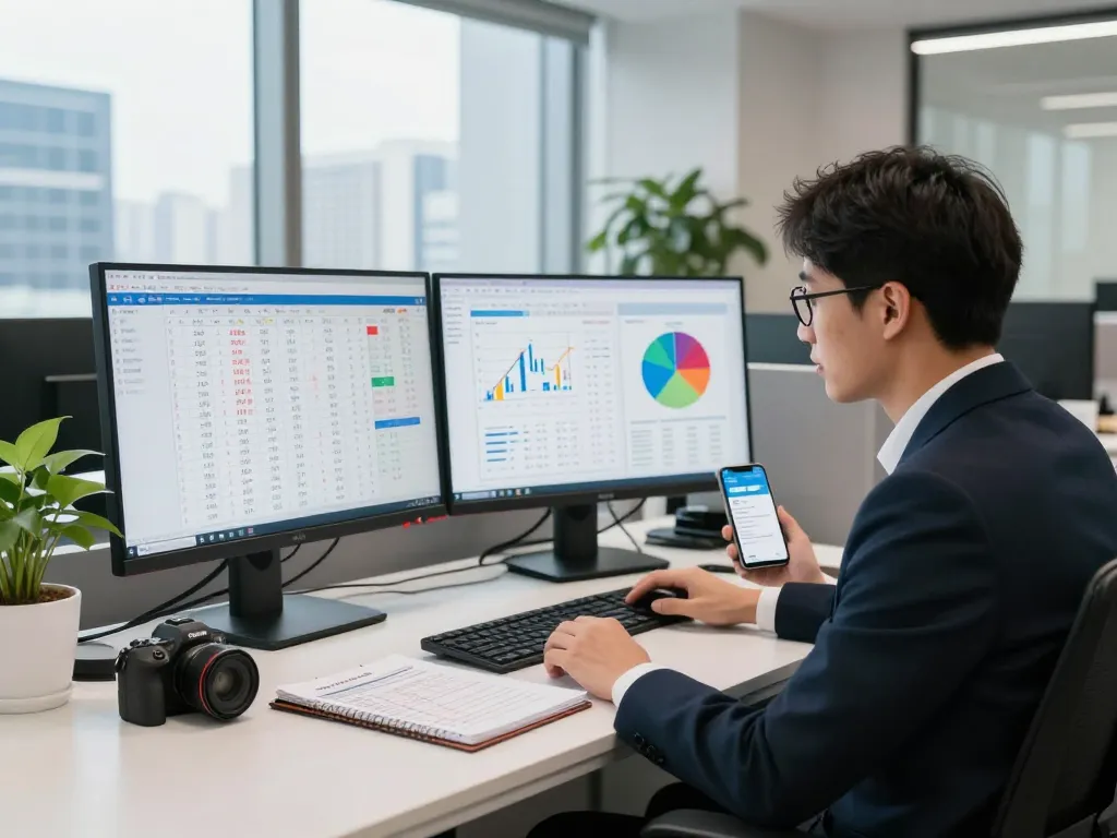 Analis data meninjau statistik lotere HK dengan dua layar dan latar belakang kota.