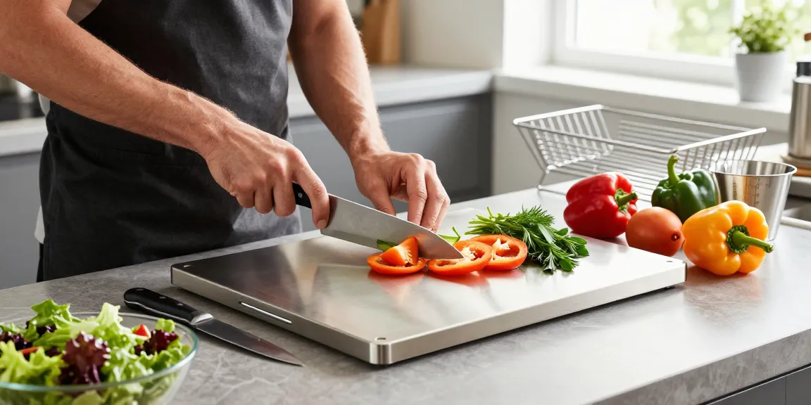 Home chef using a titanium cutting board for chopping fresh vegetables in a modern kitchen setting.
