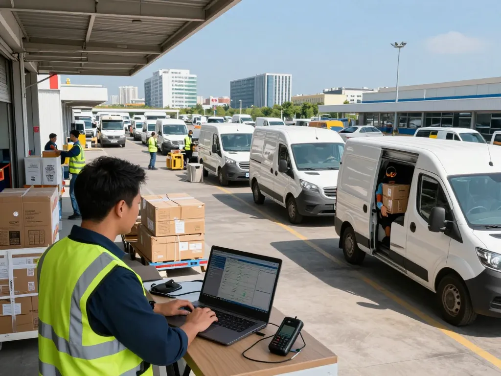 Haulage logistics scene showing busy transport manager coordinating timely deliveries.