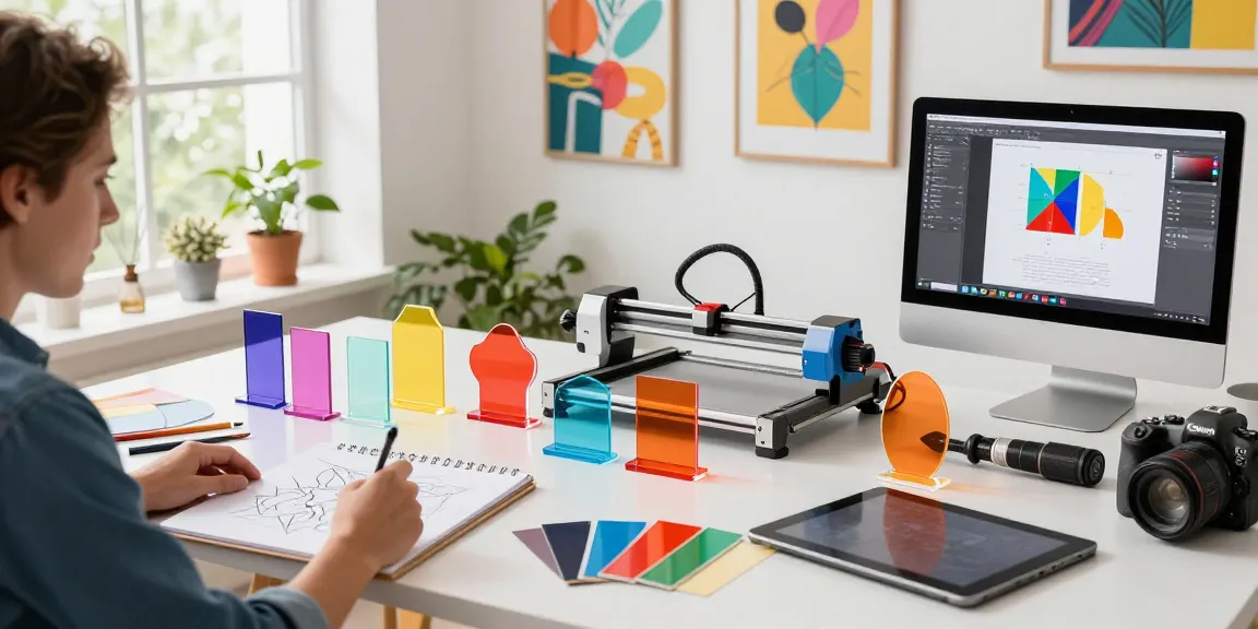 Colorful custom acrylic stand display in a creative workspace showcasing vibrant designs and collaboration.