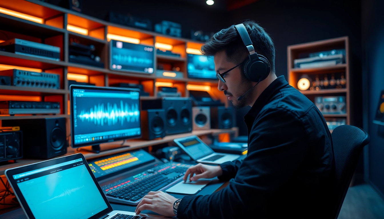Experience online mastering services with a sound engineer in a sophisticated studio setting.