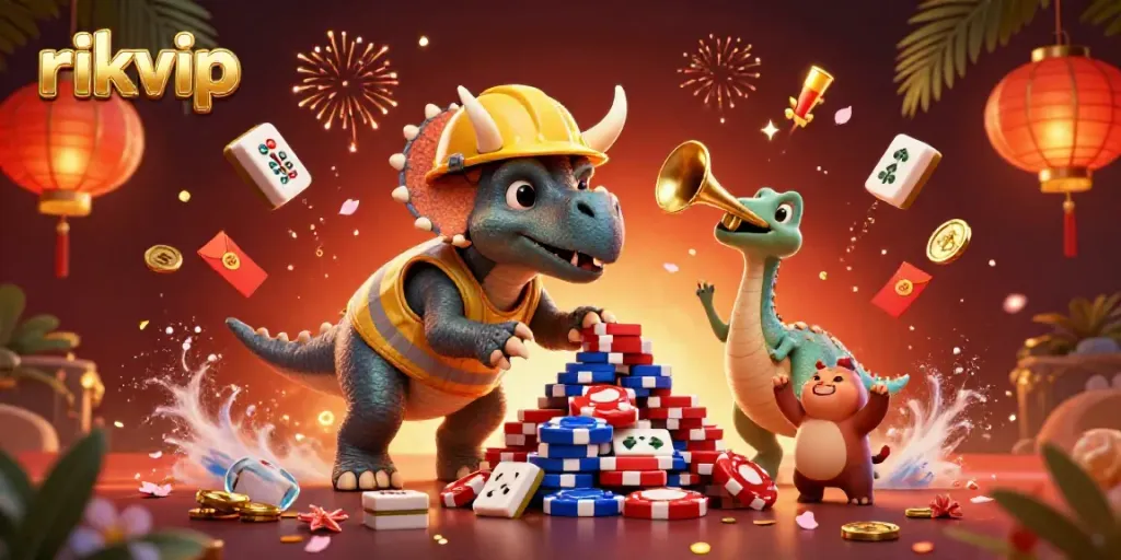 Experience thrilling wins at rikvip while a triceratops builds a poker chip pyramid amid festive elements.