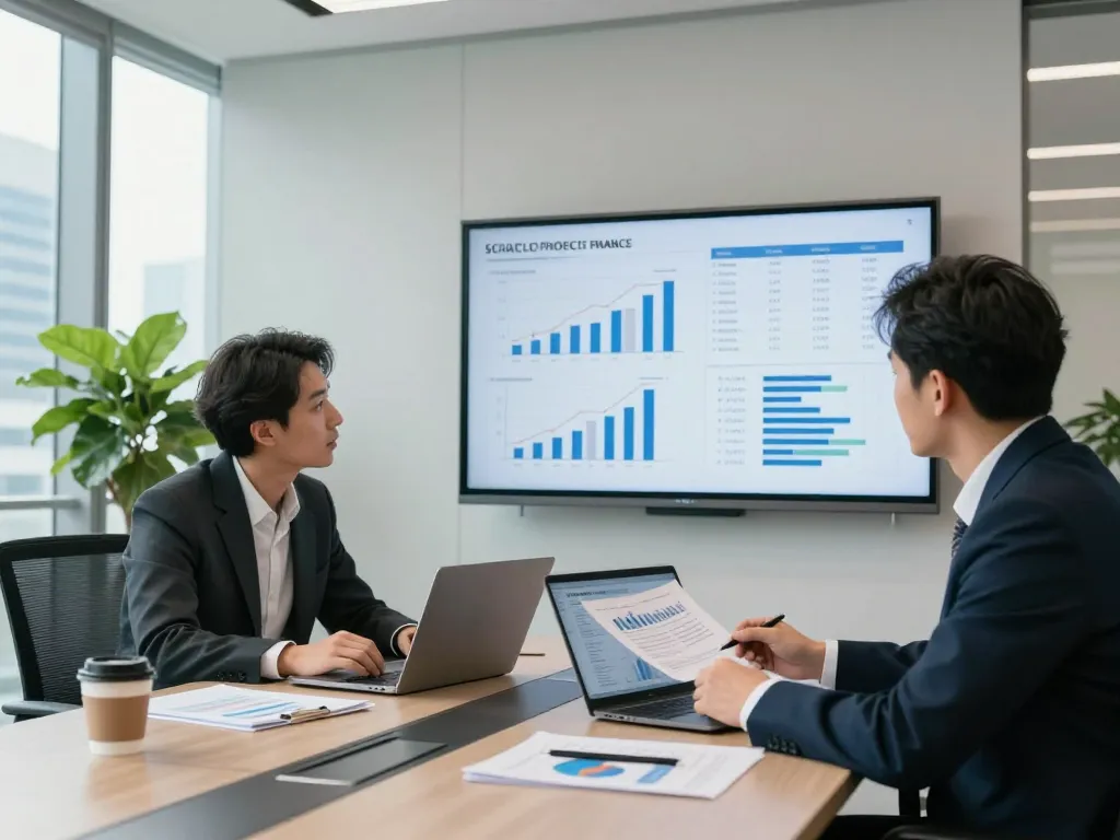 Business team collaborating on large scale project financing strategy in a modern office.