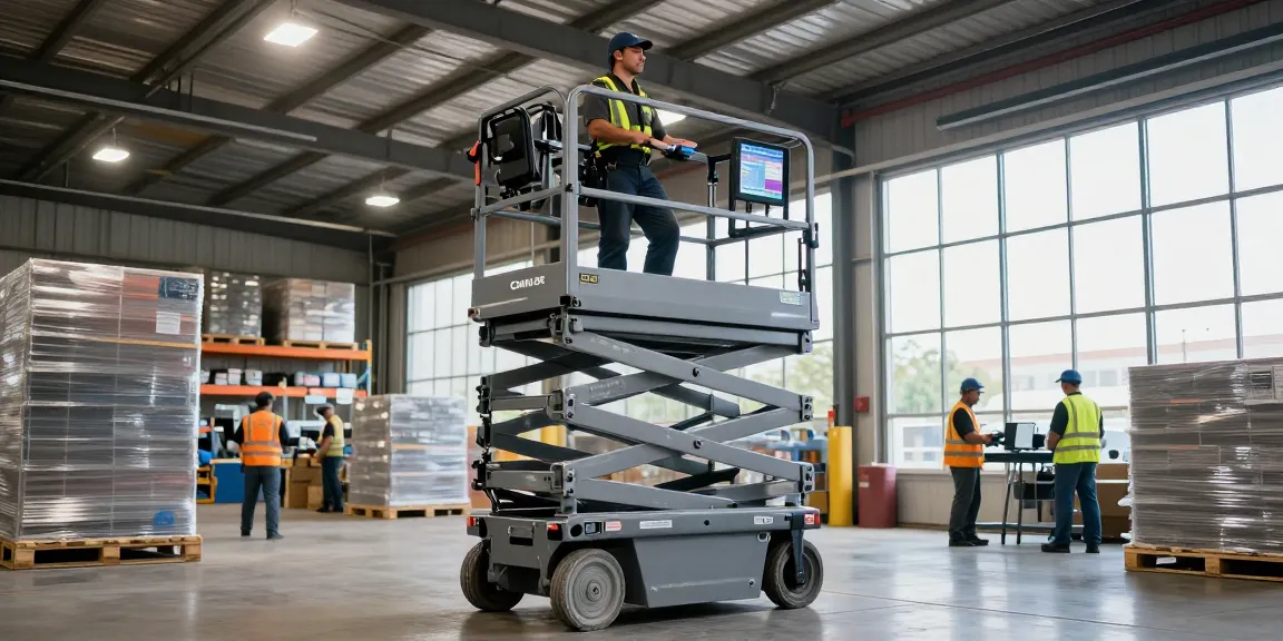 The best electric scissor lift in Dallas elevating a skilled operator in a busy warehouse, showcasing modern equipment and safety.