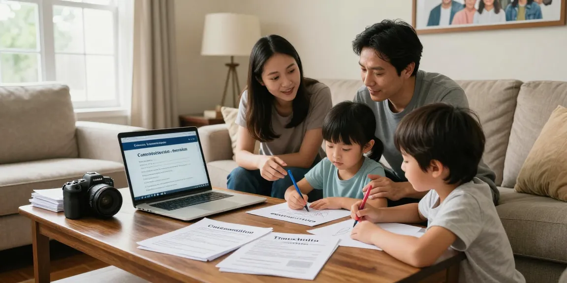 Family discussing how to cancel timeshare in a cozy home setting with documents and a laptop.