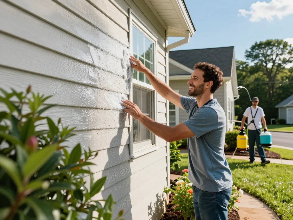 Homeowner admiring refreshed home exterior after soft washing services Atlanta, showcasing bright siding and vibrant garden.