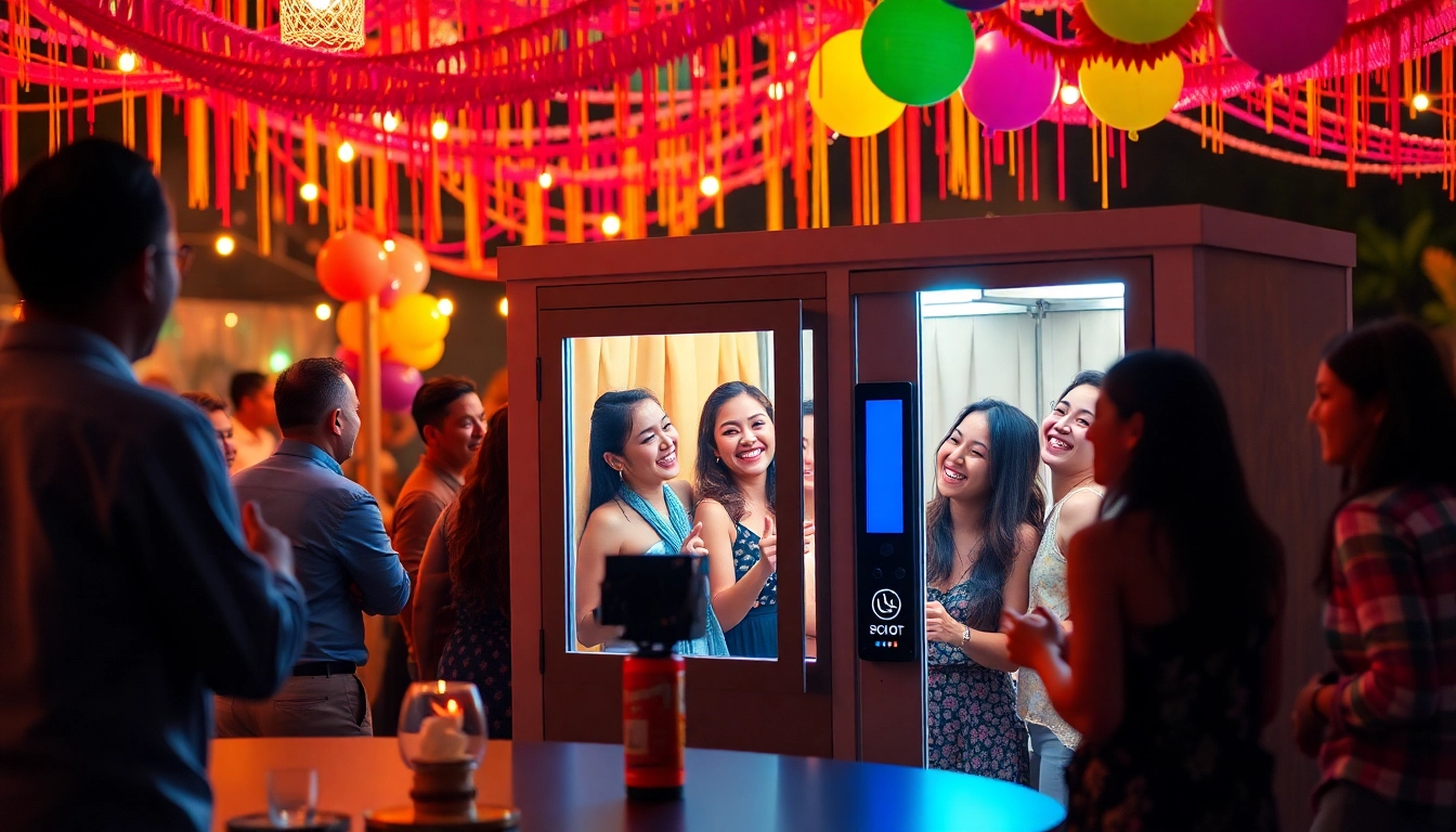 Guests enjoy a memorable photo booth rental experience with props and vibrant decorations.