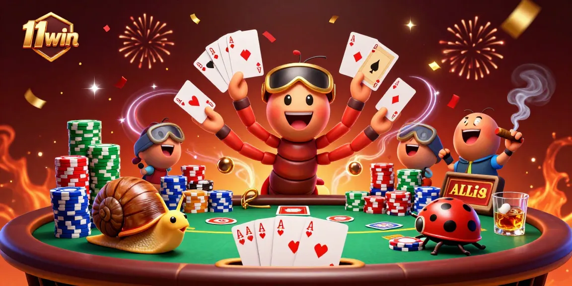Engage in thrilling gameplay at 11win with a lively casino scene featuring a millipede dealer and colorful poker elements.