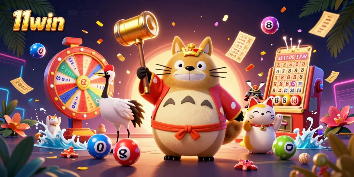 Engage in vibrant 11win gaming adventures with cheerful tanuki and colorful lottery elements.