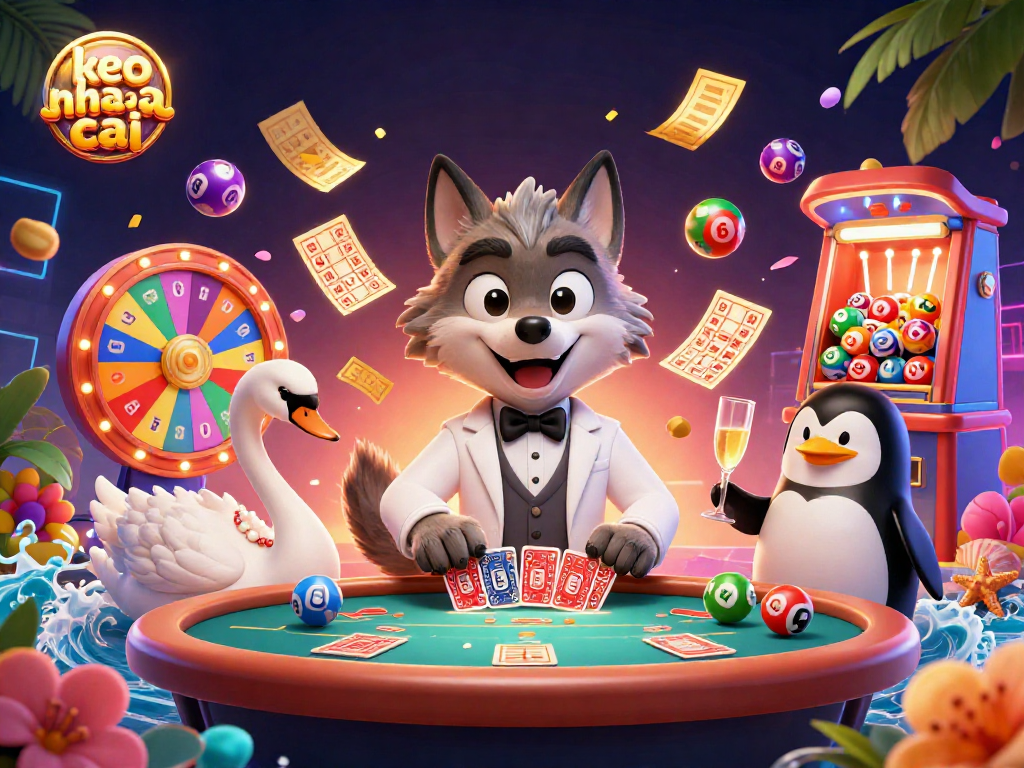 Engage in thrilling keo nha cai gaming with a vibrant 3D casino illustration featuring lively characters.