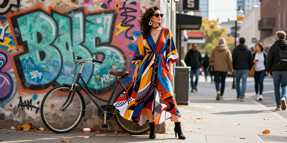 Fashionable individual in a vibrant urban setting showcasing stylish attire against a graffiti backdrop.