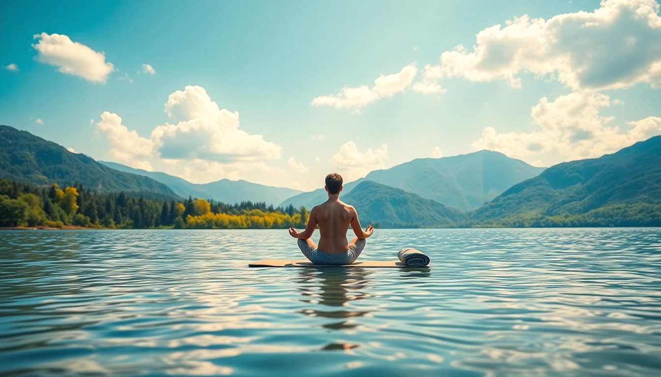 Embracing mental wellness through meditation by a tranquil lake surrounded by nature.