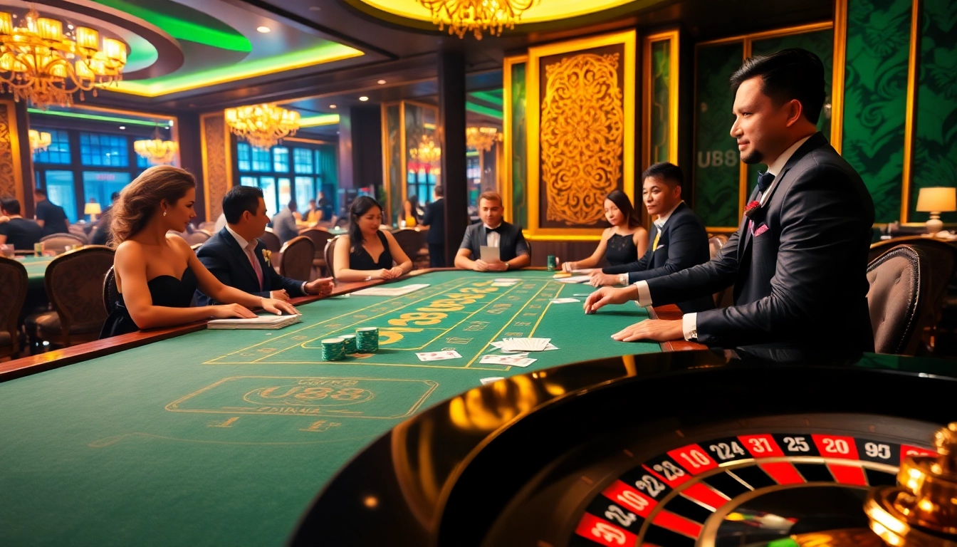 Players enjoying U88-themed casino games at a vibrant gaming table filled with cards and chips.