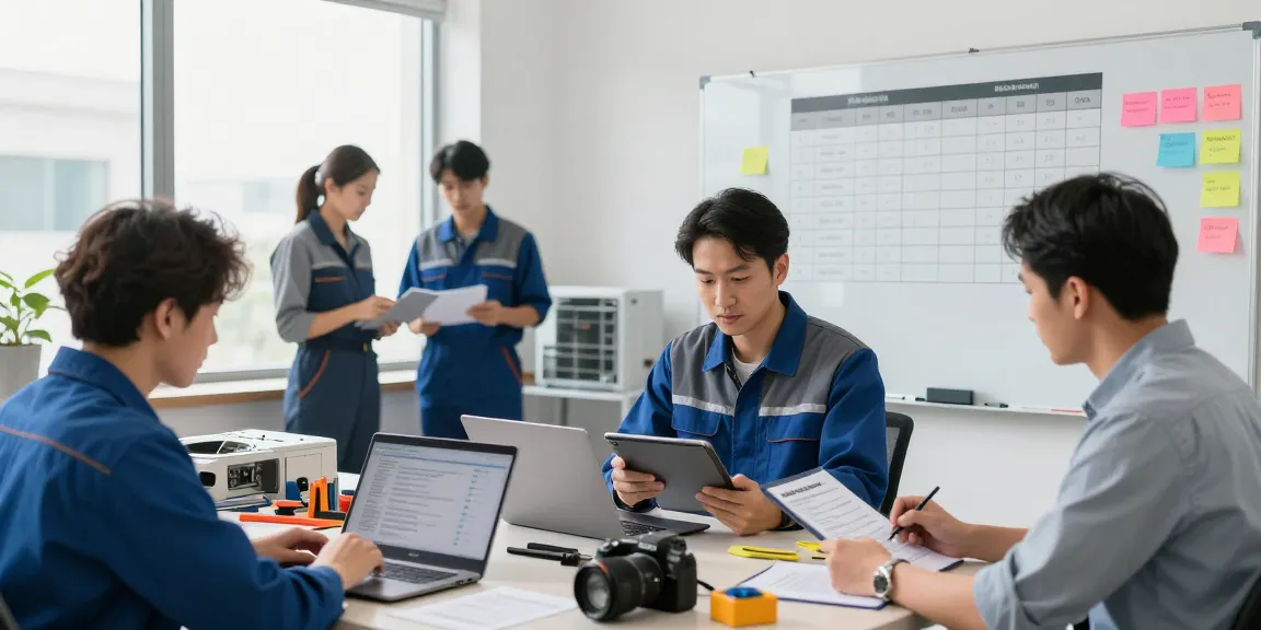 Dynamic team working on appliance repair CRM solutions in a modern office setting, showcasing collaboration and efficiency.