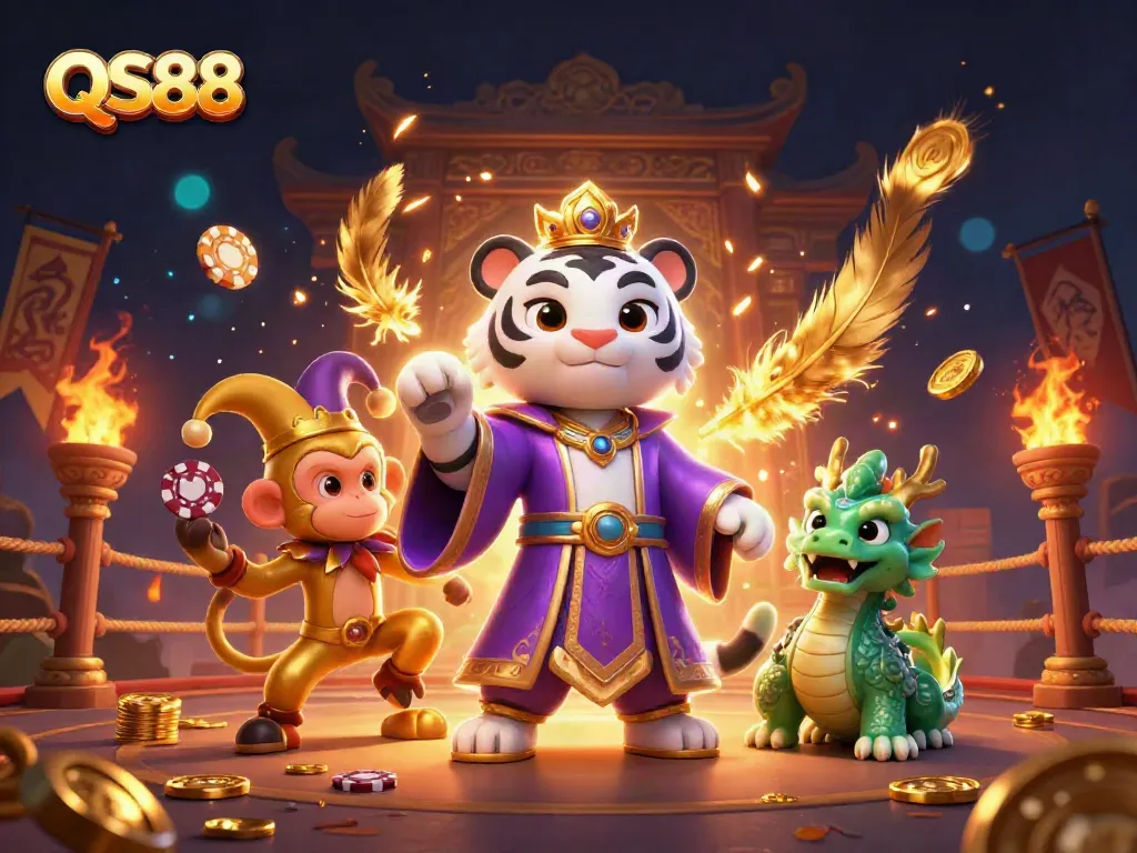 Experience excitement at QS88 with a vibrant 3D illustration showcasing a white tiger, golden monkey, and jade dragon amidst casino elements.