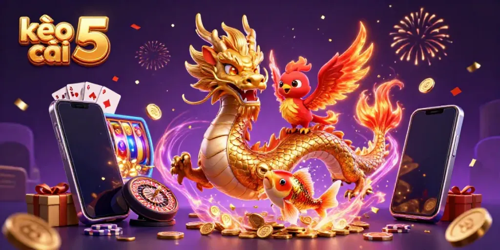 Engage with thrilling kèo nhà cái 5 as a golden dragon and red phoenix celebrate amidst dynamic casino elements.