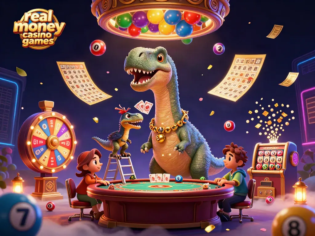 Experience excitement with a giant brontosaurus overseeing a vibrant casino scene showcasing real money casino games.