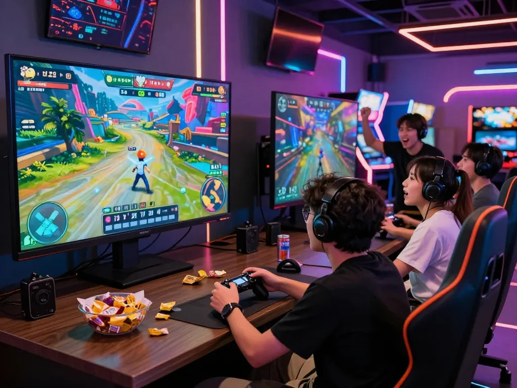 Friends enjoying an exciting multiplayer game in a vibrant arcade atmosphere, highlighting the sun win gaming experience.