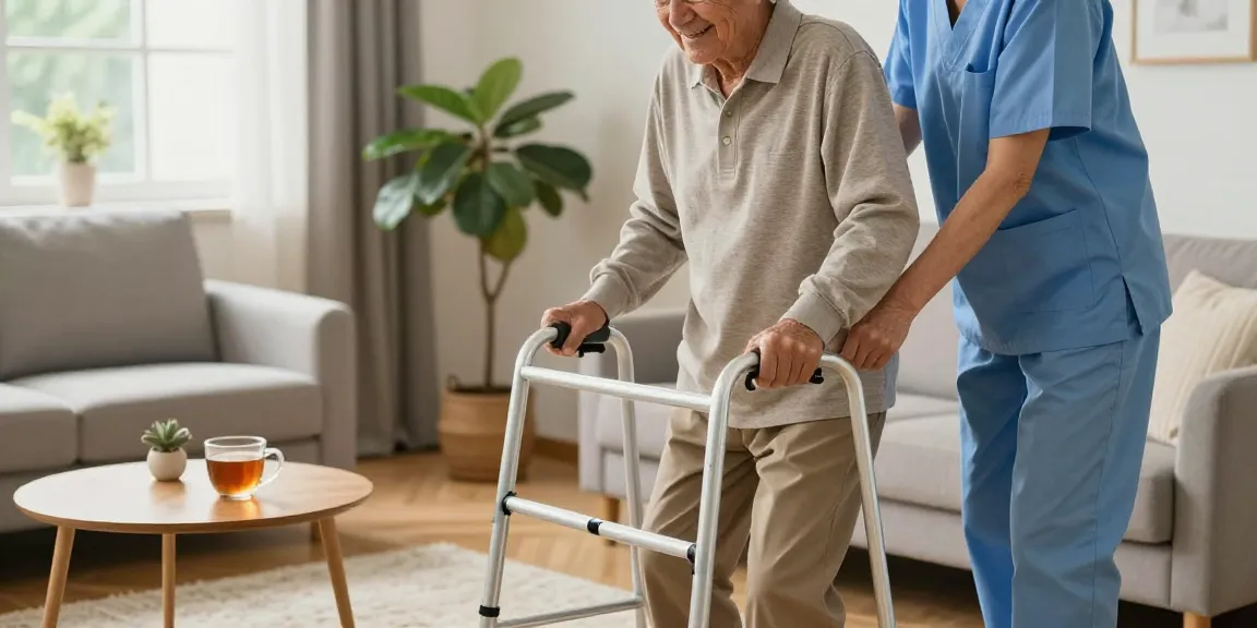 Buy nobility aids in a cozy home setting, showing an elderly man with a walker and caregiver.