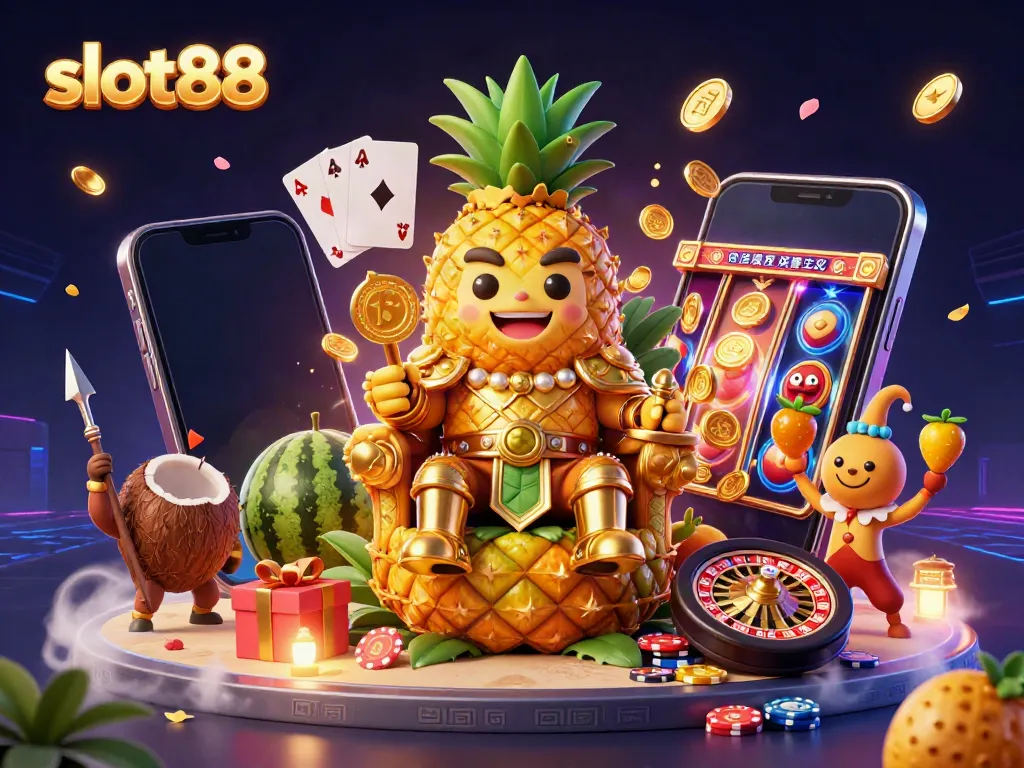 Slot88 mempersembahkan ilustrasi kasino dengan king nanas emas dan dukun jester ceria.