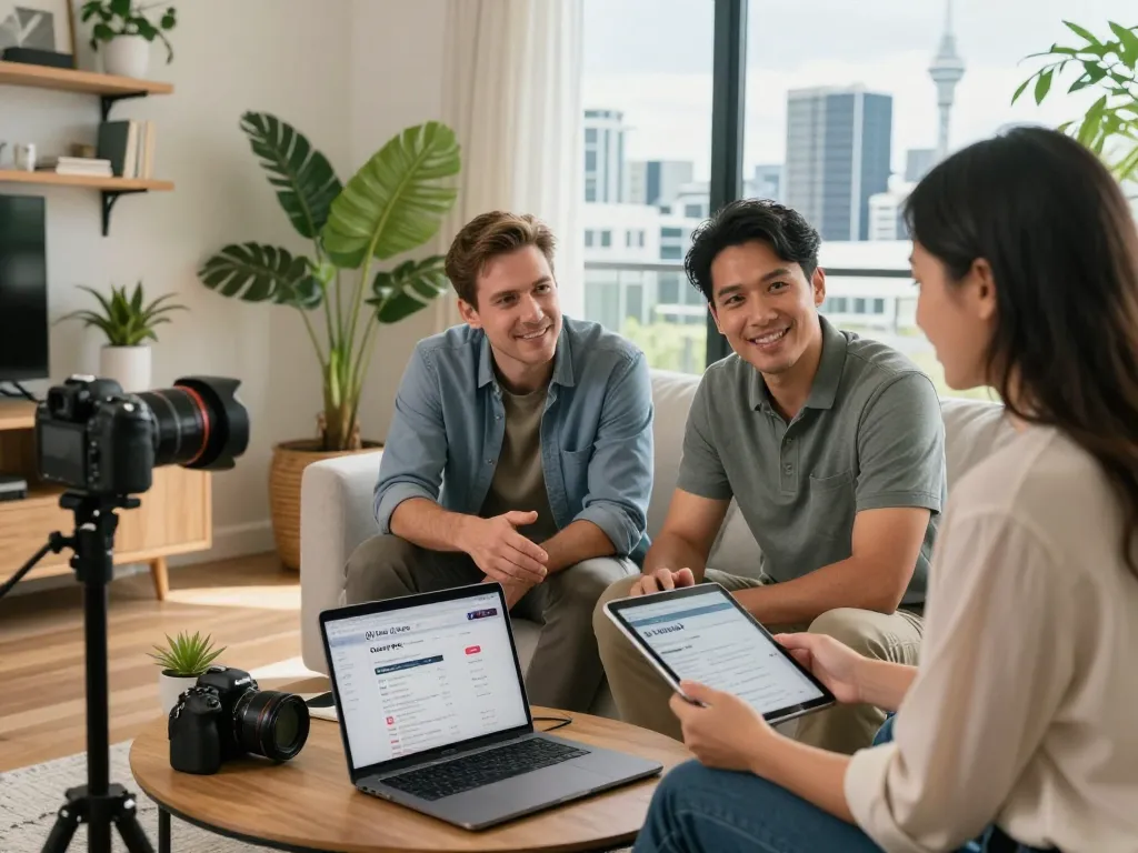 Auckland Airbnb management experts Ron and Sam discussing rental strategies in a modern apartment for airbnb management auckland.