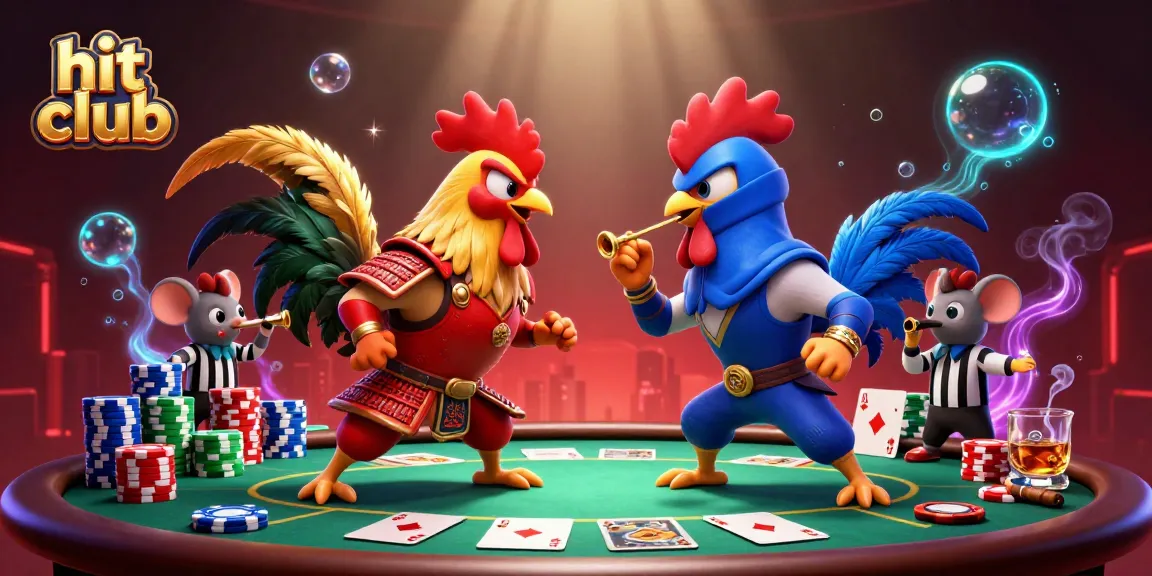 Experience the thrill of hit club gaming with vibrant fighting roosters and casino elements.