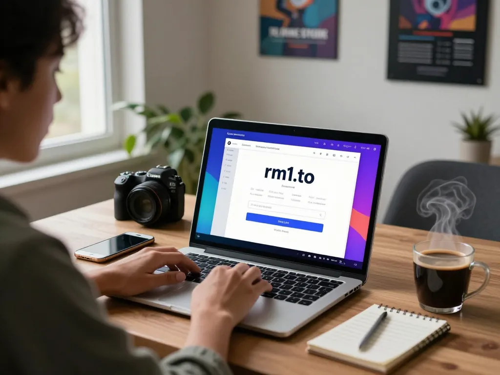 Login to rm1.to from a cozy home office with laptop and user dashboard.