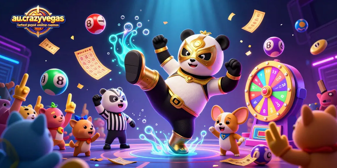 Experience the thrill of au.crazyvegas.com fastest payout online casinos with vibrant illustrations of a wrestling panda, a counting chihuahua, and dynamic lottery elements.