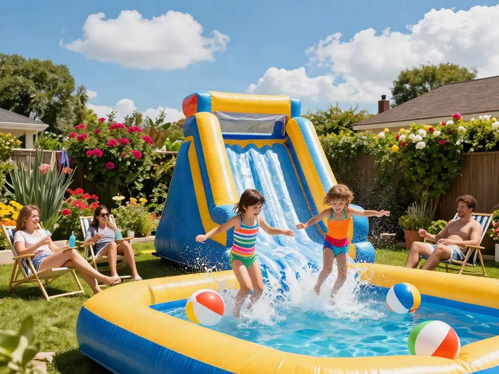 Children enjoying a colorful water slide in a backyard pool setting during summer.