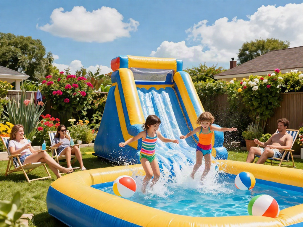 Children enjoying a colorful water slide in a backyard pool setting during summer.