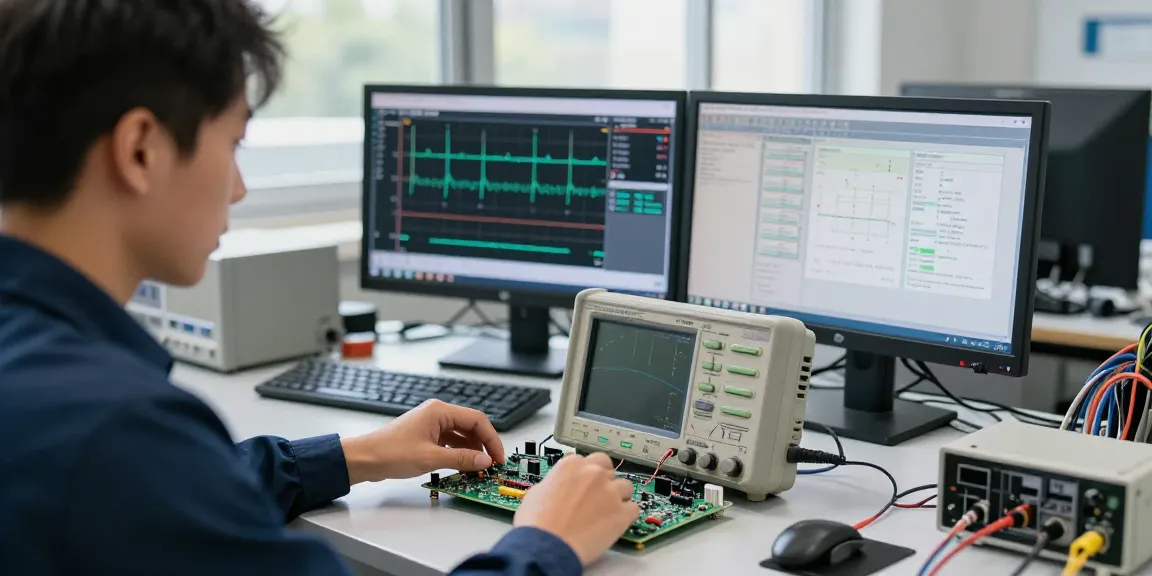 Technician using a Handheld Oscilloscope for circuit troubleshooting in a modern lab.