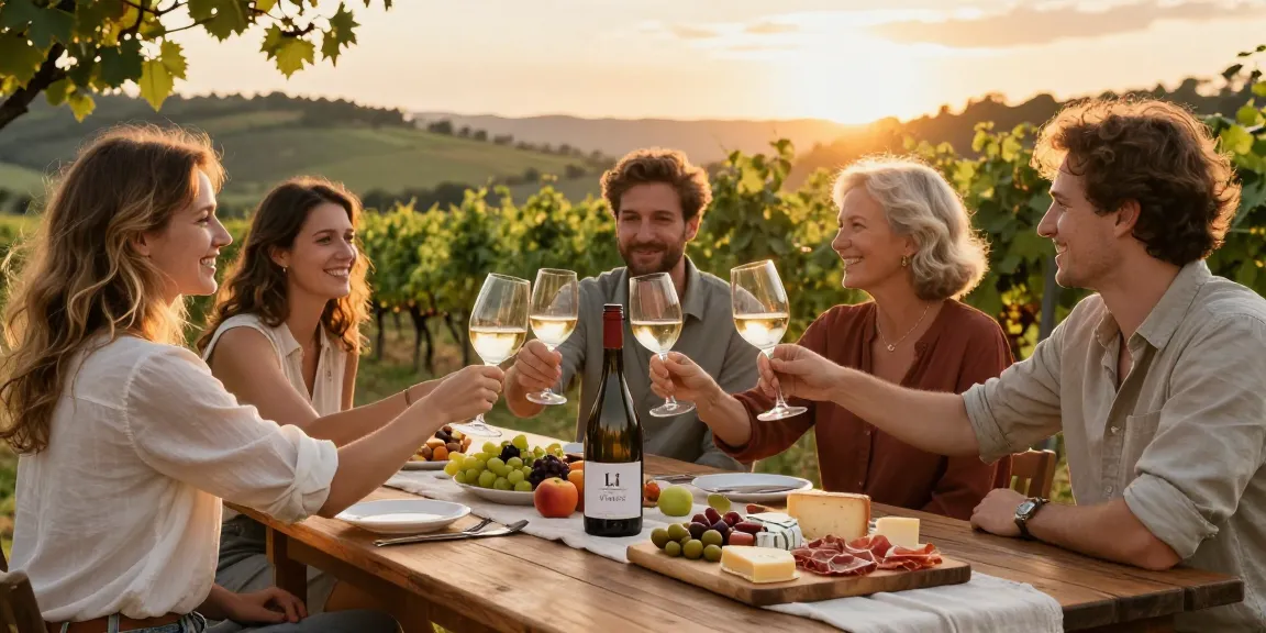 Group enjoying glasses of LI Press wine at sunset in a vineyard