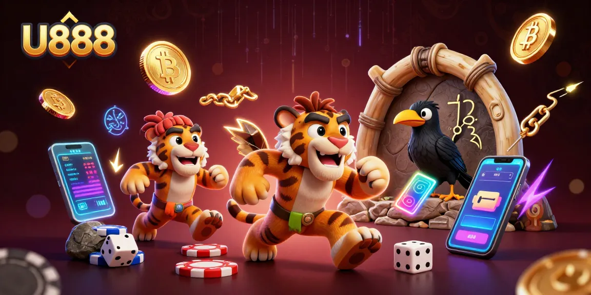 Play at U888 with vibrant 3D characters in a prehistoric casino setting filled with crypto elements.