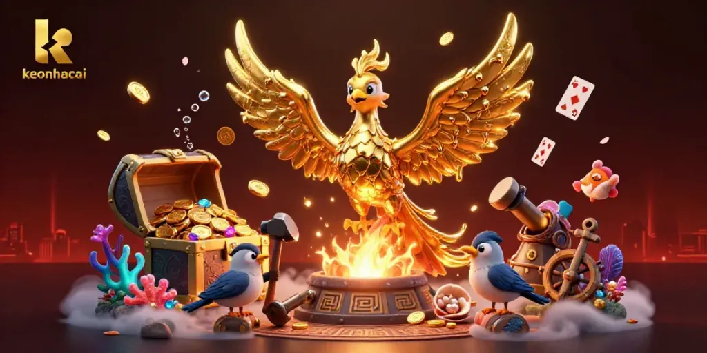 Experience the excitement of keonhacai with a stunning 3D golden phoenix and treasure bursting from the scene.