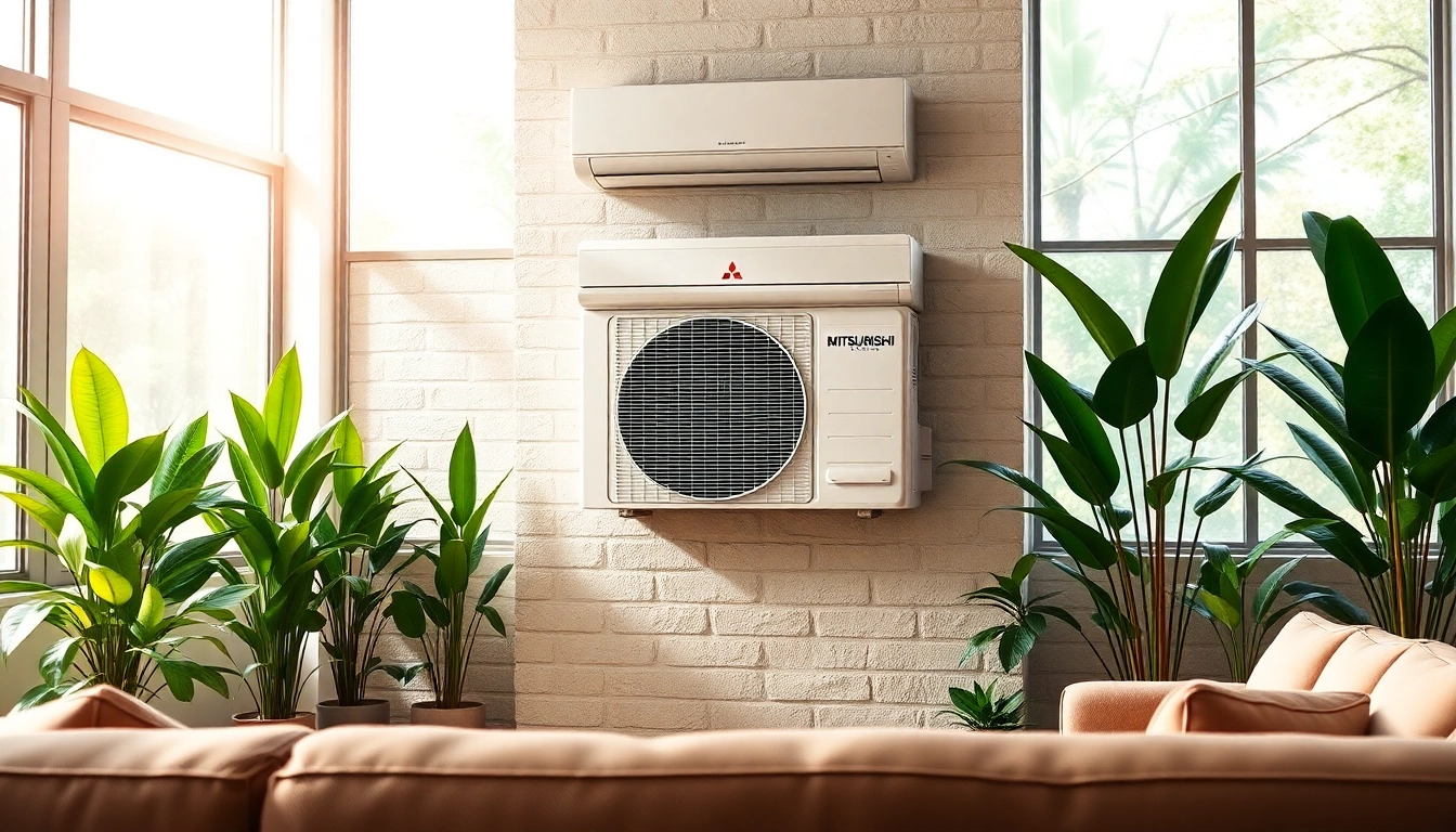 Mitsubishi mini split ac enhancing a modern living room's comfort with sleek design.