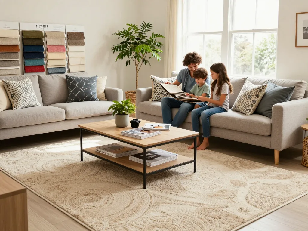 Family selecting affordable carpets London in a stylish living room with warm decor.