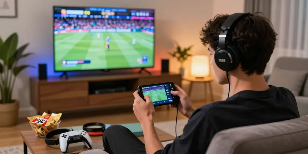 Experience m88 link mobile in a vibrant gaming setup, featuring a gamer immersed in action.