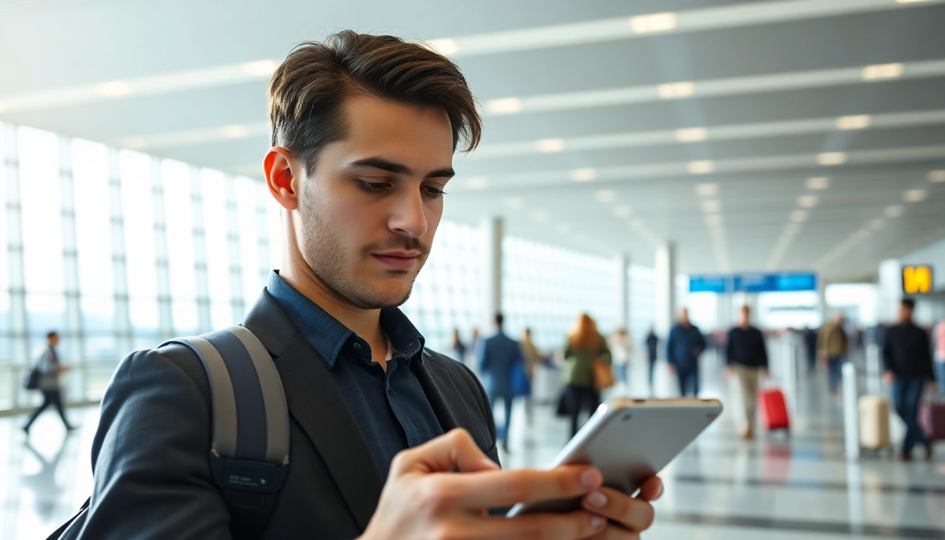 Facilitating uk eta online application with a digital device in a contemporary airport.