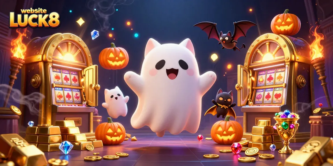 The dynamic 3D scene showcases website LUCK8 with jackpot elements, a ghost cat, and casino treasures.