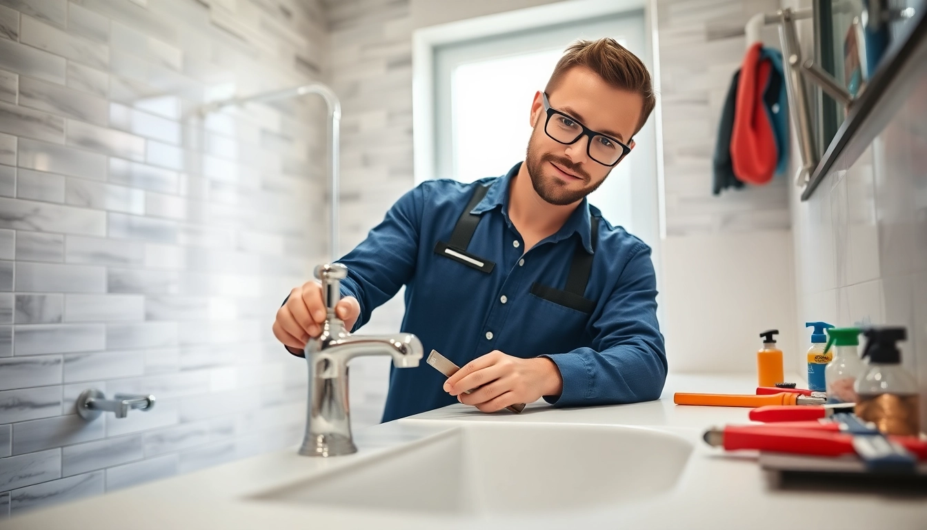 Find a reliable plumber near me fixing a faucet in a bright bathroom.