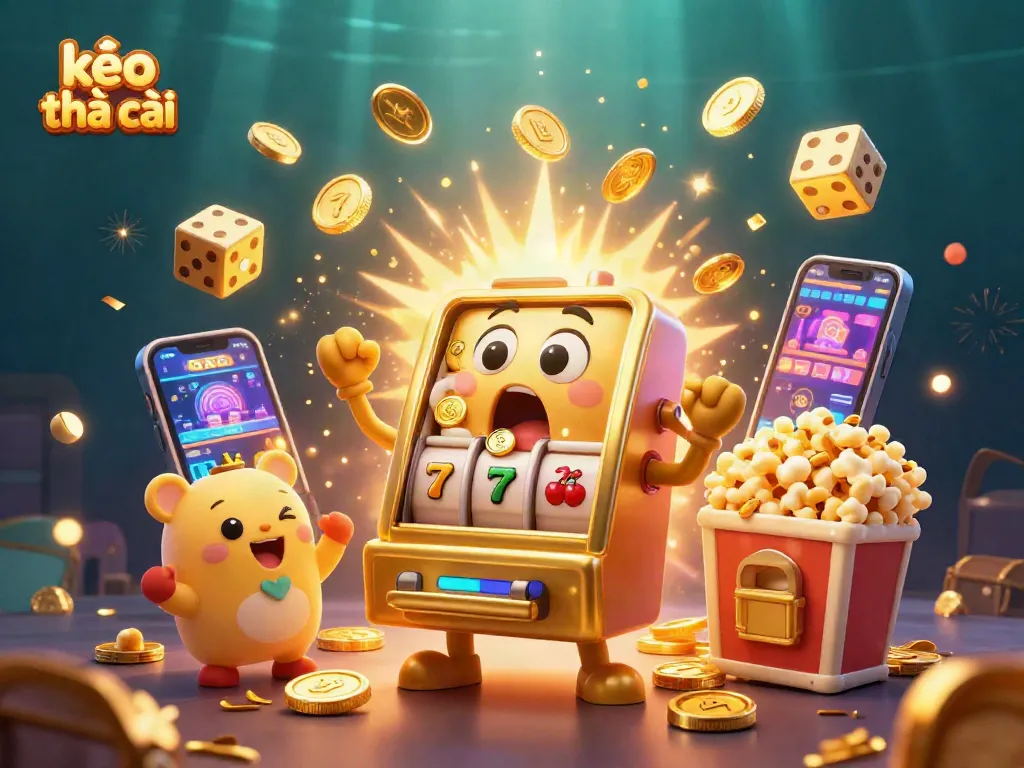 Engage with kèo nhà cái as a golden slot machine hits a jackpot, surrounded by cheering machines.