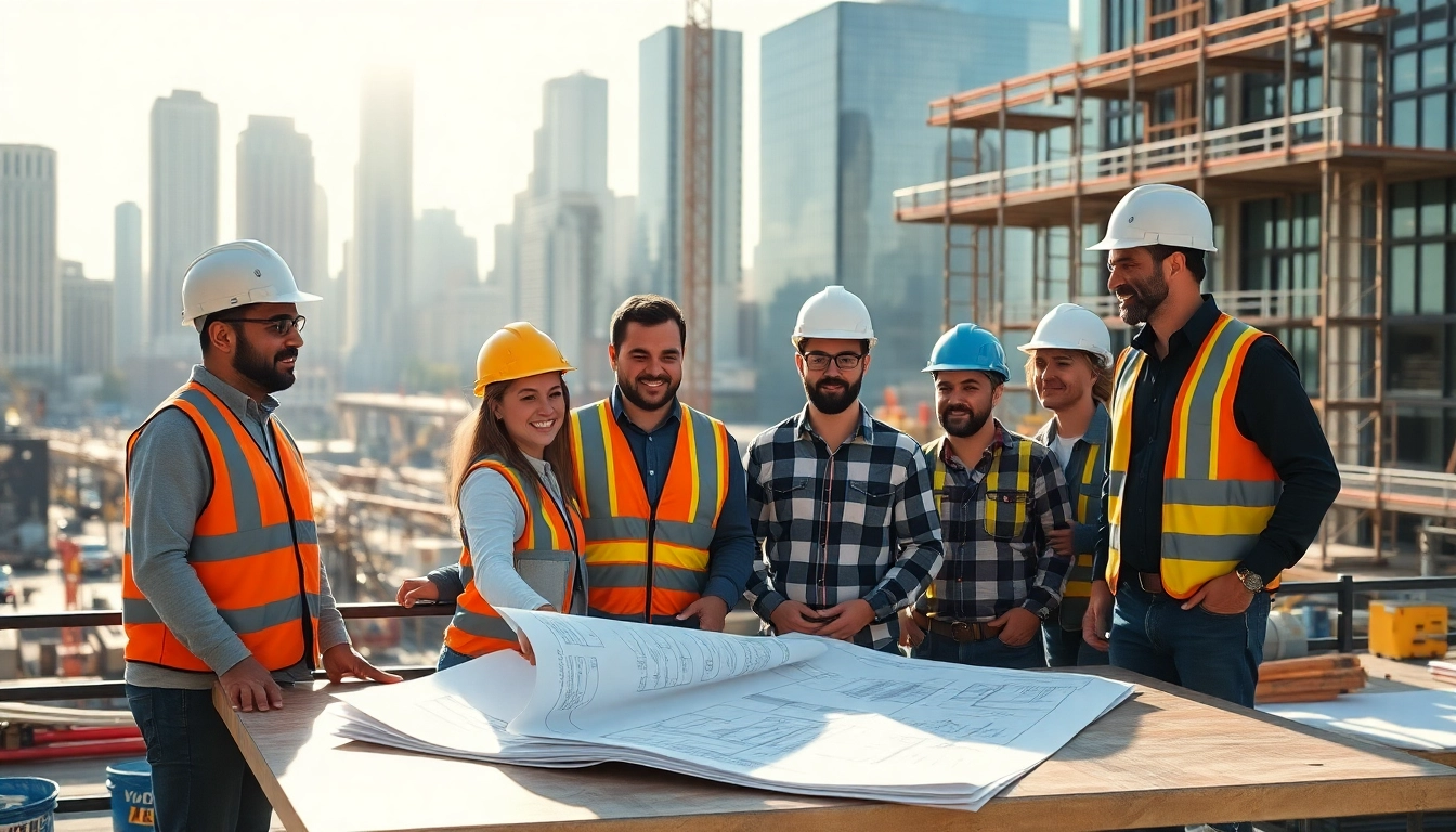 Construction team working on a New Jersey Commercial General Contractor project with blueprints.